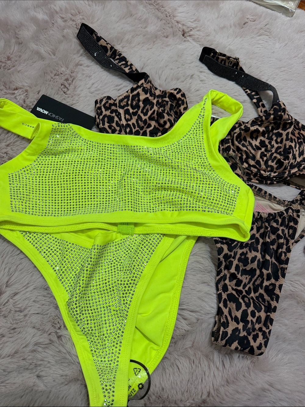 Bundle Neon Lime Rhinestone Bikini Set - and leopard print Women's Swim